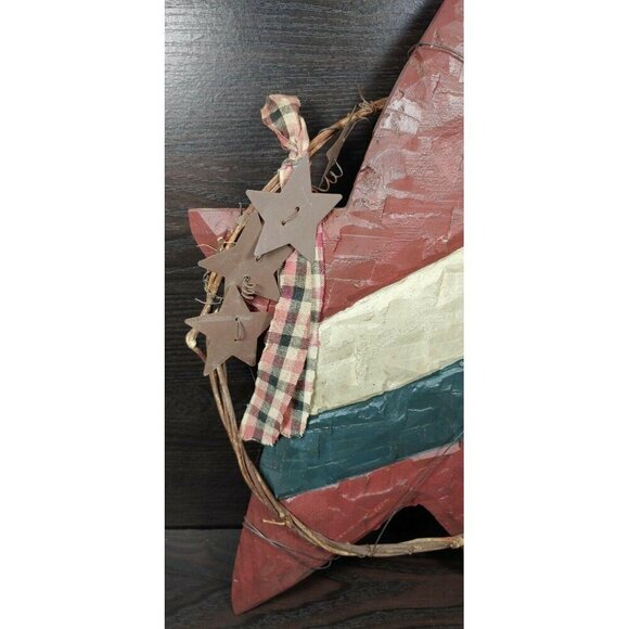 Rustic Vintage Wooden Star Wall Decor With Metal Stars & Plaid Ribbon Patriotic - Picture 5 of 10